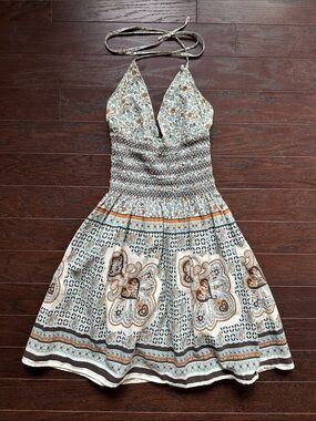 Nicole Teal and Cream Halter Mini Dress with Paisley Print